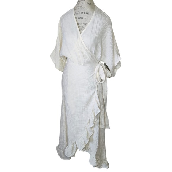 Hammacher Schlemmer UPF 30 Turkish Cotton Cover Up Wrap Dress Ecru Womens S/M - Picture 2 of 13